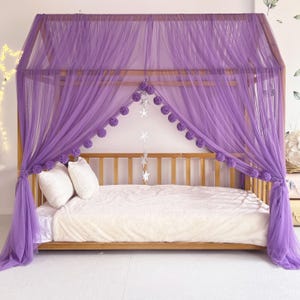Baldacchino Montessori viola per letto, baldacchino Montessori personalizzato per letto, tende Montessori per letto, tende a forma di casa, fodera per tenda da letto, baldacchino viola