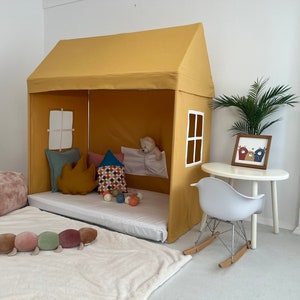 Crib Size MUSTARD Canopy House, Canvas Playhouse, Canopy Bed, Canvas Tent. Mustard House Bed Canopy, Yellow Bed Canopy, Montessori Floor Bed