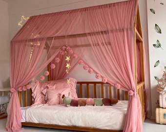 Blush Pink Montessori Bed Tulle Canopy, Personalized  Bed Canopy, Montessori Bed Curtains, House Bed Curtains, Tent Cover for Bed Frame