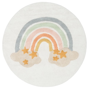 Round Cotton Rainbow Rug For Kids Room, 120cm Pastel Nursery Rug With Stars, Non Slip Washable Playmat, Baby Shower Gift Idea