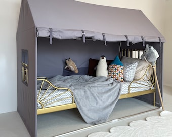Grey Twin Size Bed Canopy, Canvas Canopy Bed, Cotton Playhouse; Canopy Tent, Twin Size Playhouse, Montessori House Bed, Montessori Floor Bed
