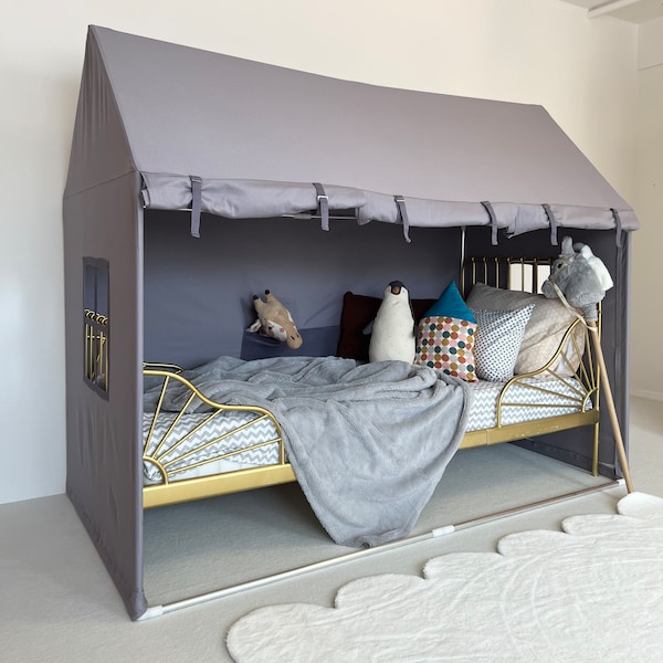 Grey Twin Size Bed Canopy, Canvas Canopy Bed, Cotton Playhouse; Canopy Tent, Twin Size Playhouse, Montessori House Bed, Montessori Floor Bed