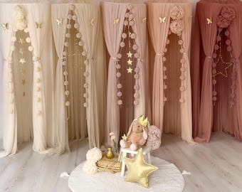 Kid Bed Canopy, Beige Tulle Curtains for Kids Bed Nursery Decor