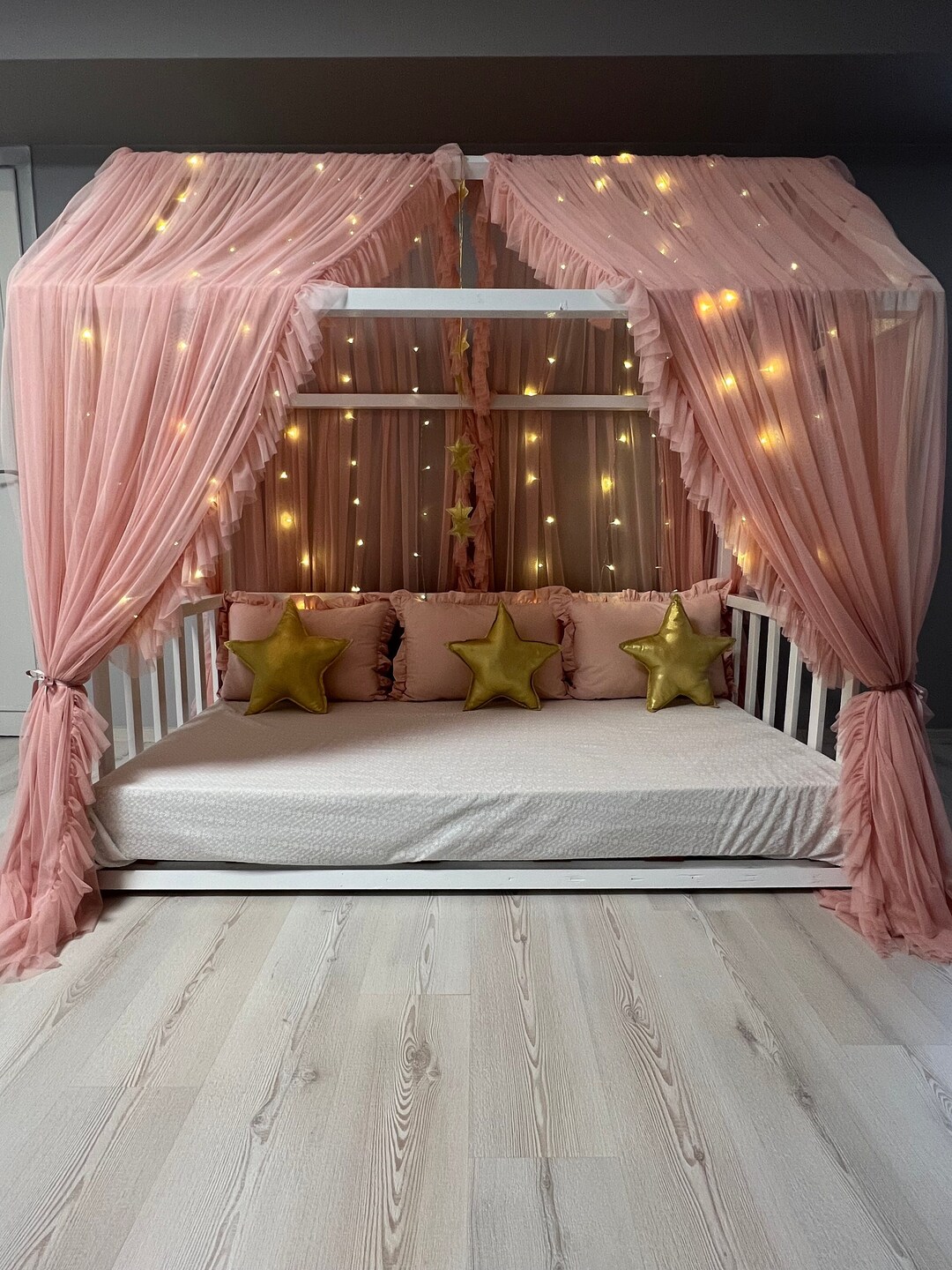 DELUXE With Frill Blush Canopy Tulle Bed Canopy Custom Size Bed Canopy curtains for Montessori Bed House Bed Curtains Customize Canopy Etsy