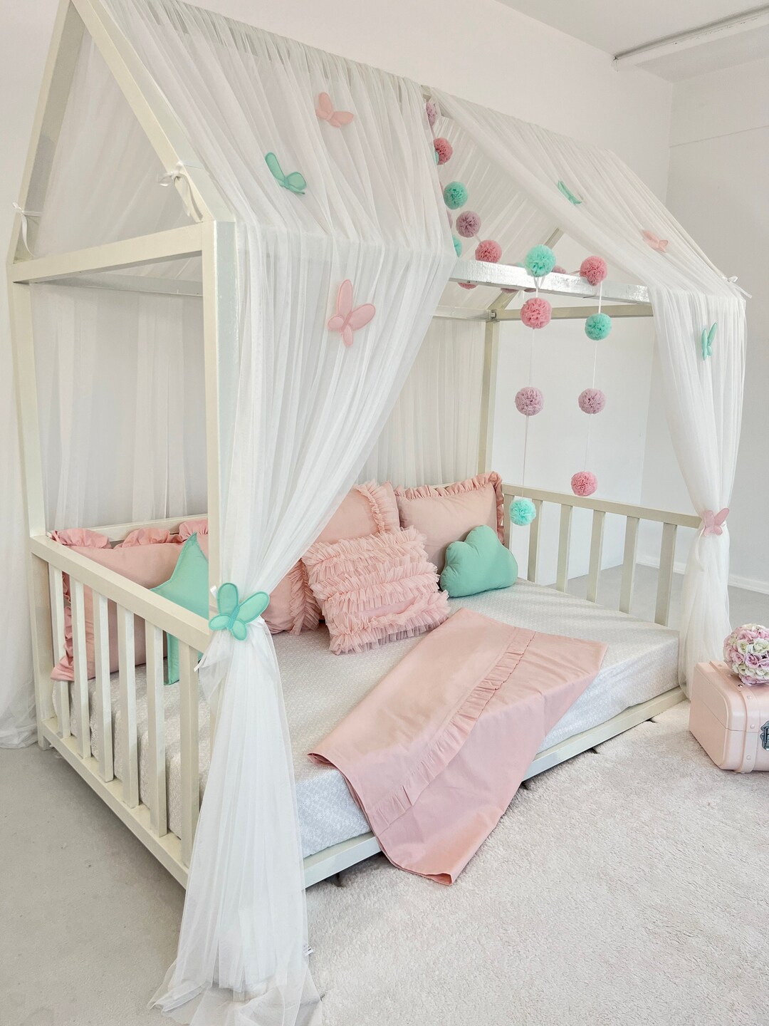 Butterfly Garden Canopy, White Bed Canopy, Tulle Canopy Bed, Montessori