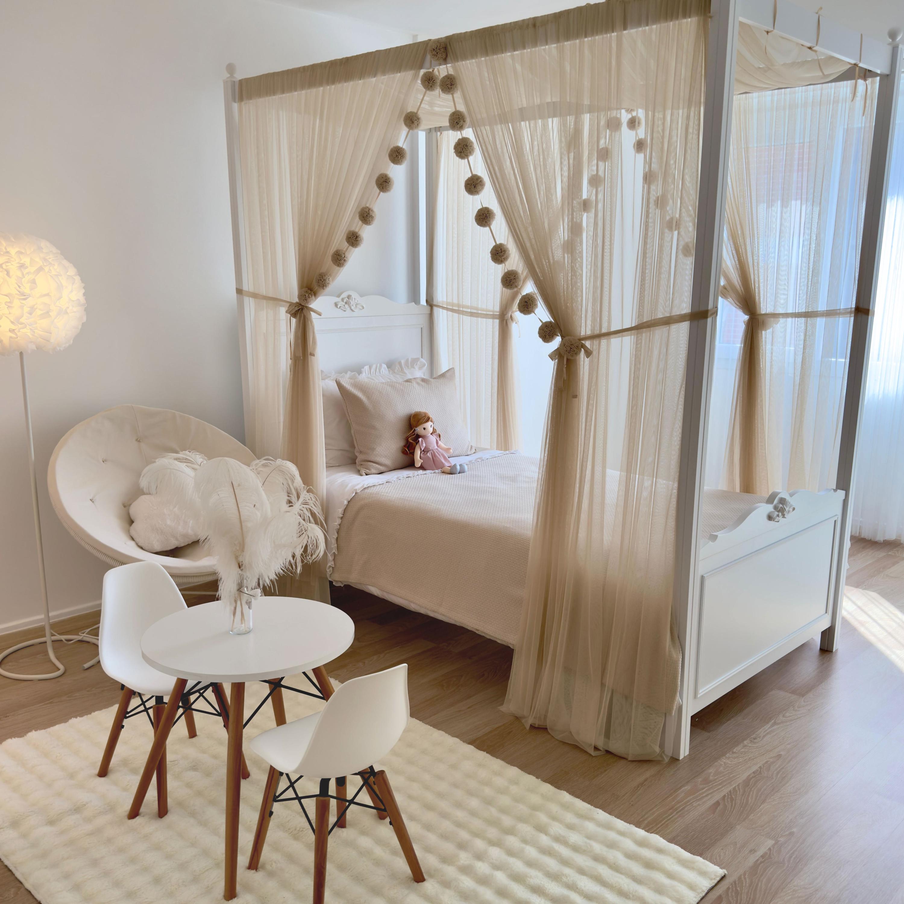 Beige Canopy Bed, Four Poster Bed,Square Canopy Bed, Montessori Bed Canopy, Canopy Bed Curtains, Twin Canopy Bed