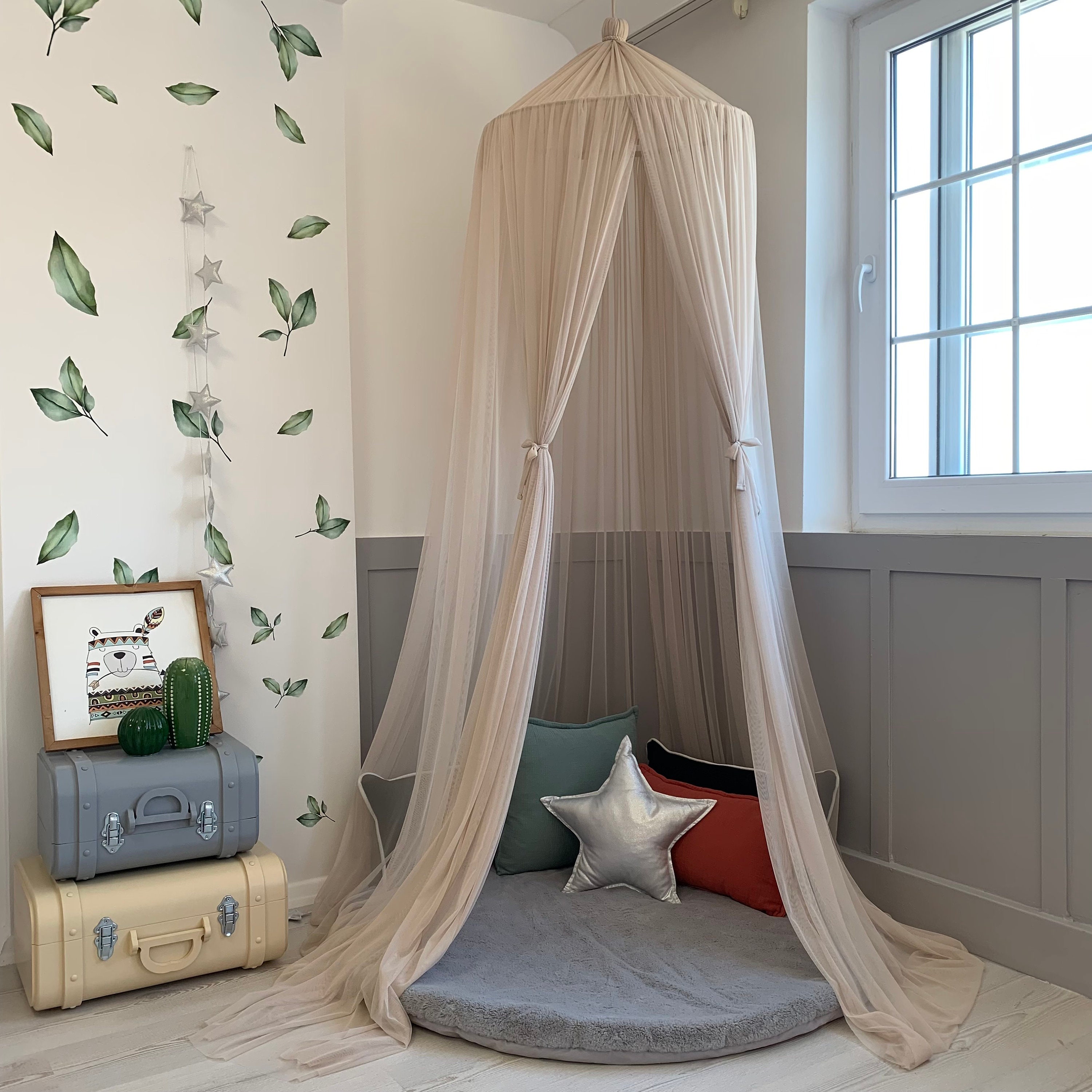 Beige bed canopy deals