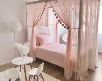 Baby Pink Tulle Canopy Bed Curtains, Montessori Poster Bed Drapes