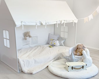 White House Bed Canopy, Canvas Playhouse bed, Montessori Floor Bed, House Bed, Full Size Playhouse Bed, Full Size Canopy Bed, Bed Tent