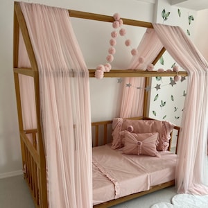 Baby Pink Montessori Bed Curtains, Tulle Canopy, Customized Montessori Bed Canopy, House Bed Curtains, Baby Pink Crib Canopy, Princess bed