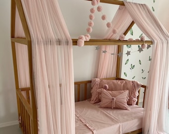 Baby Pink Montessori Bed Curtains, Tulle Canopy, Customized Montessori Bed Canopy, House Bed Curtains, Baby Pink Crib Canopy, Princess bed