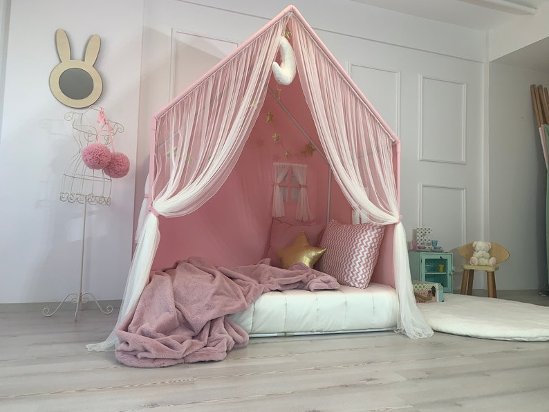 Montessori House Bed, Pink Canvas Teepee, Playhouse Tent, Cotton Play House, Montessori Bed, Teepee for Girls, Small Play Cottage, Teepee image 6