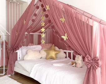 Custom Rose Tulle Bed Canopy, Montessori House Bed Curtains
