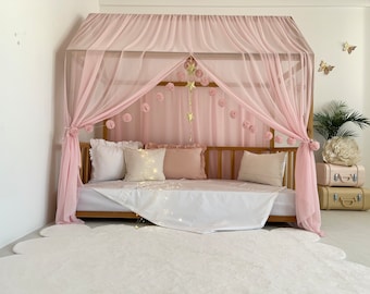 Pink Montessori Bed Tulle Canopy, Customized Montessori Bed Canopy, Montessori Bed Curtains, House Bed Curtains, Tent Cover for Bed Frame
