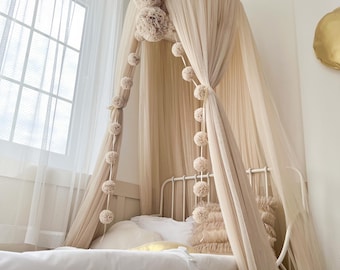 Beige Tulle Bed Canopy, Neutral Kids Canopy, Nursery Canopy, Princess Bed Curtains, Reading Nook Tent,  Canopy for Girl Room Decor