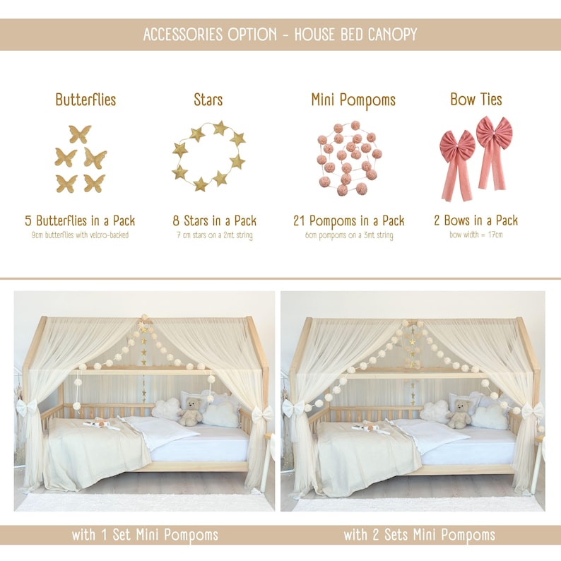 Cream House Bed Canopy • Custom Montessori Bed Curtains • Fits Different Models• Soft Tulle Drapes image 5