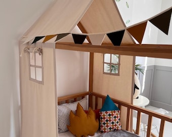 Tenda a baldacchino Montessori, tenda letto a forma di casetta, baldacchino in tela naturale, baldacchino in tela di cotone beige, baldacchino personalizzato, tende per letto a forma di casetta