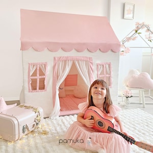 Playhouse, Kids Playhouse in Pink and White, Canvas Play house Tent , Cotton Teepee, In door canvas teepee