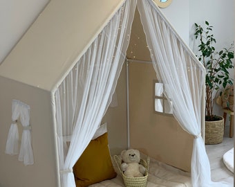 Naturel Canvas Playhouse, Montessori House Bed, Boho Canvas Teepee, Playhouse Tent, Cotton Play House, Montessori Bed, Small Play Cottage