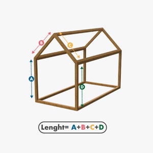 May include: A wooden house-shaped frame with labeled dimensions. The frame is brown and has a roof and walls. The text "Lenght= A+B+C+D" is displayed below the frame, with the letters corresponding to the dimensions.