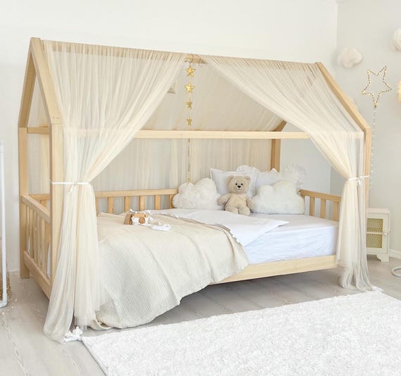 Cream House Bed Canopy • Custom Montessori Bed Curtains • Fits Different  Models• Soft Tulle Drapes