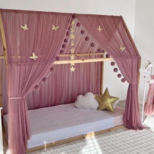 Dosel de cama Montessori rosa polvoriento, dosel de cama personalizado, dosel de cama con forma de casa, carpa con dosel, cortinas de cama con dosel, dosel para cuna, cortinas de cama