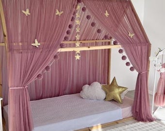 Dusty Rose Montessori Bed Canopy, Customized Bed Canopy, House Bed Canopy, Canopy tent, Canopy bed curtains, Canopy for Crib,Bed Curtains