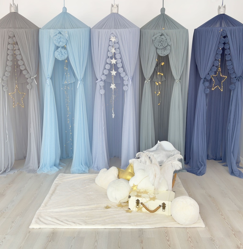 blue tulle canopy, montessori canopy tulle, kidsbed curtains