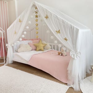 Montessori Bed Canopy White Custom House Bed Curtains for kids Rooms Decors, Crib Canopy Gift for Girl Princess Room, DELUXE Tulle Canopy