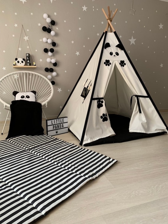 Panda Tipi Black Kids Teepee Indoor Panda in Teepee Pillow, Boy Nursery
