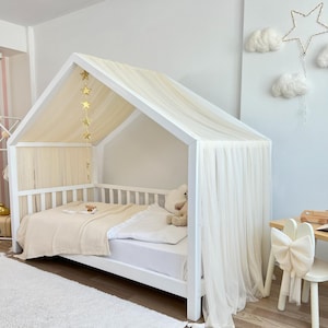 Montessori Bed Curtains,Tulle Canopy Bed,Cream House Bed Curtain,Custom Size Bed Canopy,Crib Canopy,Gift for Girl Rooms,Kids room for decor