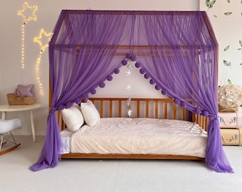 Purple Montessori Bed Canopy, Customized Montessori Bed Canopy, Montessori Bed Curtains, House Bed Curtains,Tent Cover for Bed,Purple Canopy