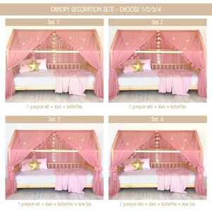 May include: A canopy decoration set for a house-shaped bed frame, featuring dusty pink sheer fabric drapes, gold star and butterfly accents, and pompom garlands. Four options are shown: Set 1, Set 2, Set 3, and Set 4, varying in pompom quantity and bow ties.