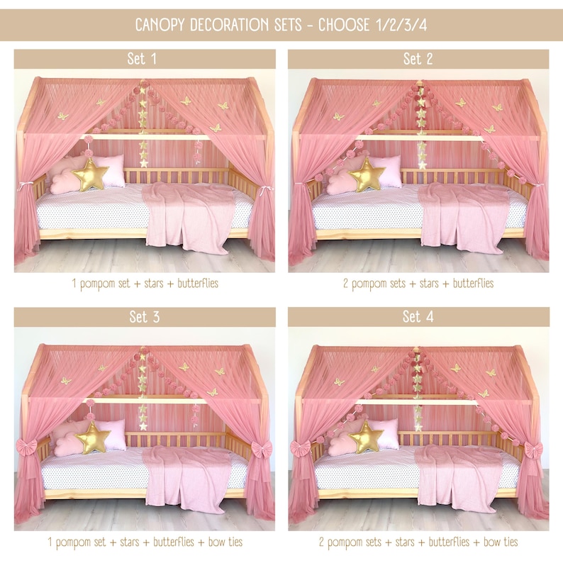 May include: A canopy decoration set for a house-shaped bed frame, featuring dusty pink sheer fabric drapes, gold star and butterfly accents, and pompom garlands. Four options are shown: Set 1, Set 2, Set 3, and Set 4, varying in pompom quantity and bow ties.