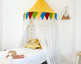Circus Tent Canopy, Yellow Tulle Bedding, Kids Reading Corner