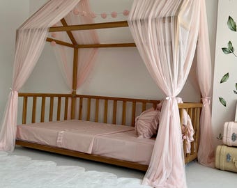 Tenda Rosa Cipora Oro Cielo Letto Montessori Tenda Letto Bambini 100% Cotone - Per Letti 80x160 E 90x190 Cm | Modelo 2 Rosa Cipria/Oro Letto Montessori Bambini 90x200 Tenda Montessori Lettino