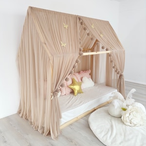 Custom Montessori Bed Canopy: Beige Tulle House Bed Curtains