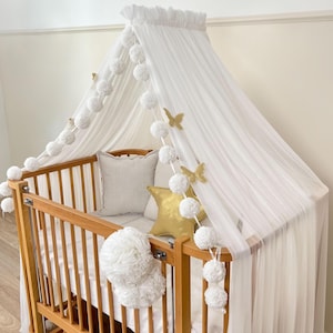 Biały baldachim do łóżeczka dziecięcego, tiul, do pokoju małej dziewczynki, baldachim do łóżeczka dziecięcego i kołyski, prezent na baby shower lub narodziny dziecka