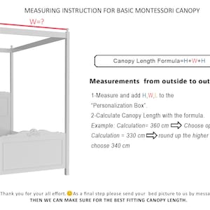 May include: Diagram showing how to measure a bed frame for a canopy. The diagram shows the height, width, and length of the bed frame. The text explains how to calculate the canopy length using the formula H+W+H. The text also explains how to round up the higher value when calculating the canopy length.
