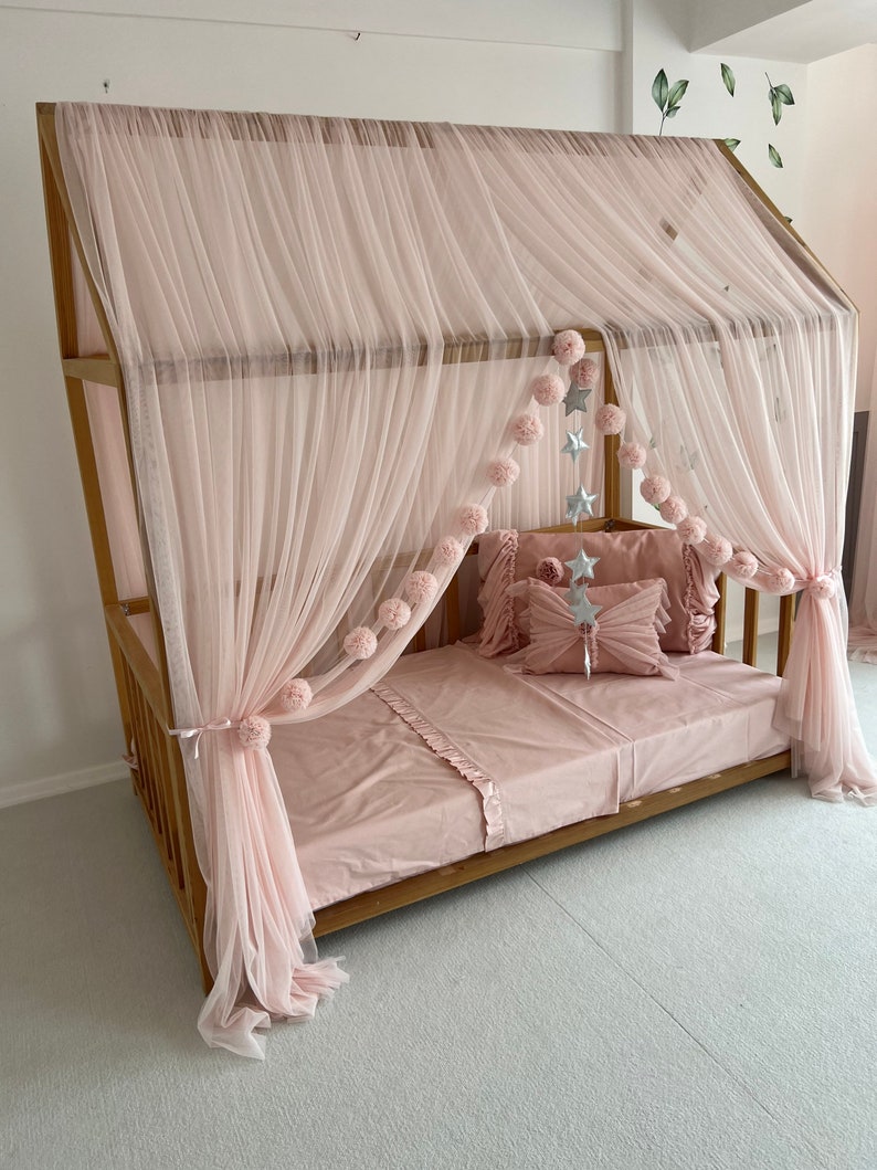 Dosel de tul rosa bebé, dosel de cama Montessori personalizado, cortinas de cama Montessori, cortinas de cama de casa, dosel de cuna para marco de cama imagen 8