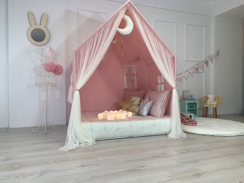 Montessori House Bed, Pink Canvas Teepee, Playhouse Tent, Cotton Play House, Montessori Bed, Teepee for Girls, Small Play Cottage, Teepee image 1