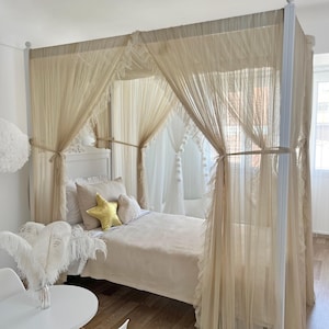 DELUXE mit FRILL Beige Betthimmel Bett, Himmelbett Vorhänge, Montessori Himmelbett, Himmelbett Vorhänge, Himmelbett Vorhänge, Himmelbett