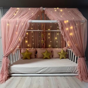 DELUXE with Frill Blush Canopy, Tulle Bed Canopy, Custom Size Bed Canopy,Curtains for Montessori Bed, House Bed Curtains, Customize Canopy