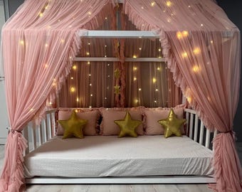 DELUXE with Frill Blush Canopy, Tulle Bed Canopy, Custom Size Bed Canopy,Curtains for Montessori Bed, House Bed Curtains, Customize Canopy