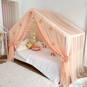 Montessori Bed Canopy Salmon Custom House Bed Curtains for kids Rooms Decors, Crib Canopy Gift for Girl Princess Room, DELUXE Tulle Canopy