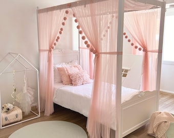 Baby Pink Canopy Bed, Four Poster Bed,Square Canopy Bed, Montessori Bed  Canopy, Canopy Bed Curtains, Twin Canopy Bed