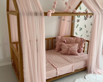 Baby Pink Montessori Bed Curtains, Tulle Canopy, Customized Montessori Bed Canopy, House Bed Curtains, Baby Pink Crib Canopy, Princess bed