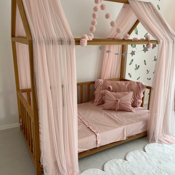 Rideaux de lit Montessori rose bébé, baldaquin en tulle, baldaquin de lit Montessori personnalisé, rideaux de lit maison, baldaquin rose clair pour lit de bébé, lit de princesse