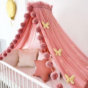 Dusty Pink Baby Crib Canopy for Girls Soft Tulle Nursery Tent with Pom Pom Garland & Optional Stars Elegant Princess Bed Decor Gift for Girl