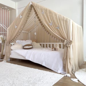 Montessori Bed Canopy Beige Custom House Bed Curtains for kids Rooms Decors, Crib Canopy Gift for Girl Princess Room, DELUXE Tulle Canopy